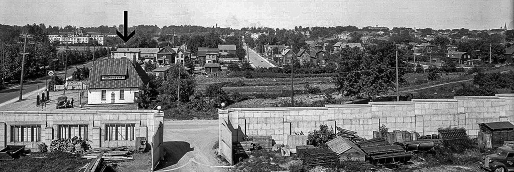What would a Skyline column be without an accompanying historic photo? This is how the Preston-Carling district appeared in 1944, with an arrow pointing to the new building’s site. (Library and Archives Canada)