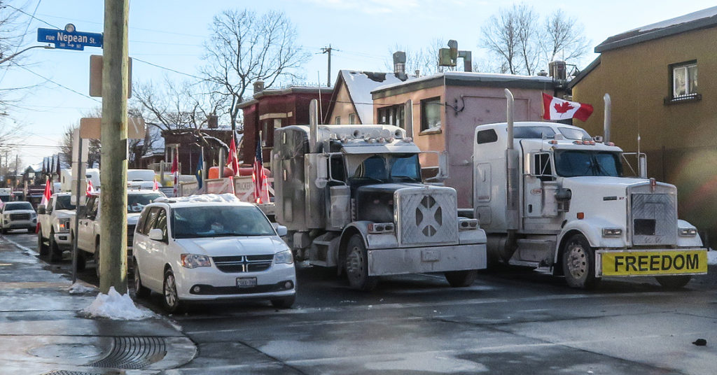 Large trucks completely blocked downtown streets during the convoy occupation in February (Stephen Thirlwall/The BUZZ)