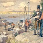 A painting by C.W. Jeffreys showing Col. John By (right) talking to a contractor, as workers build the Rideau Canal locks beside the Chateau Laurier in 1826. (Library and Archives Canada)