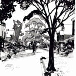 John Leaning was an inveterate sketch artist. In 1963 he published this drawing of an idealized residential street in CMHC’s Habitat Magazine with this caption: “We do not need 33 feet of asphalt. A street garden would give us more pleasant places to chat with neighbours while watching our children play together safely.”