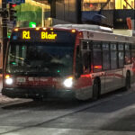 A loaded R1 replacement bus at Rideau Station on January 10. (Alayne McGregor/The BUZZ)