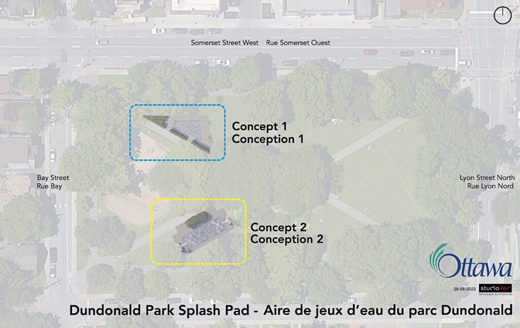 Proposed locations of possible splash pads in Dundonald Park (Engage Ottawa).