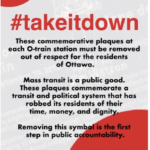 Jane Keeler's leaflet calling for the commemorative plaques honouring the mayor, city council, and city staff for the 2019 opening of the LRT to be taken down.