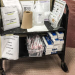 You can find this rolling cart on the first floor of the Main branch of the Ottawa Public Library. It contains N95 masks in the plastic tub and rapid tests in the boxes. (Alayne McGregor/The BUZZ)